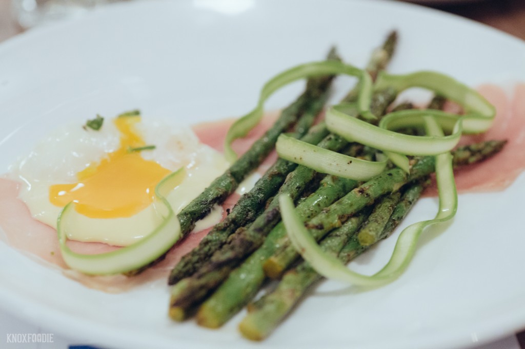 Asparagus with Egg and Benton's Prosciutto 