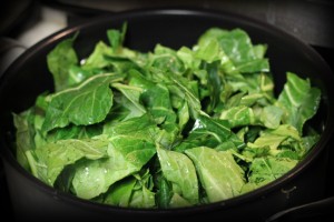 Braise collards for a couple hours. You could use kale, spinach or any other favorite green.