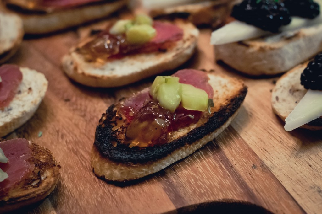 Homemade Lonzino, Onion Jam, and Pickled Collard Stems