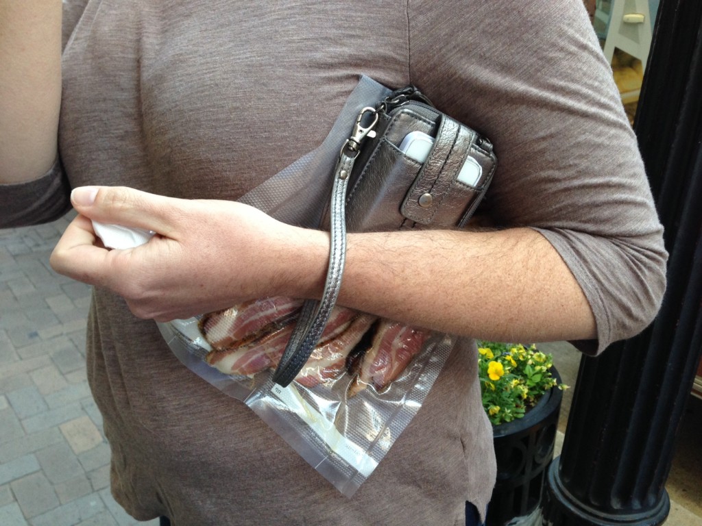 Mrs Knoxfoodie smuggling in homemade bacon...