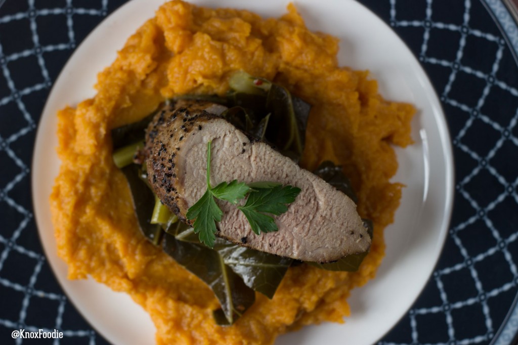 Spicy Braised Collards with Ginger Sweet Potato Puree