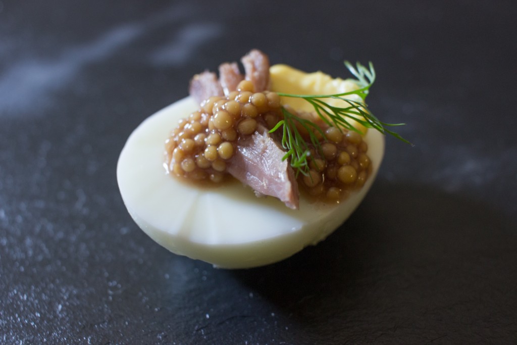 Duck Confit Deviled Eggs with Truffle Salt and Homemade Mustard