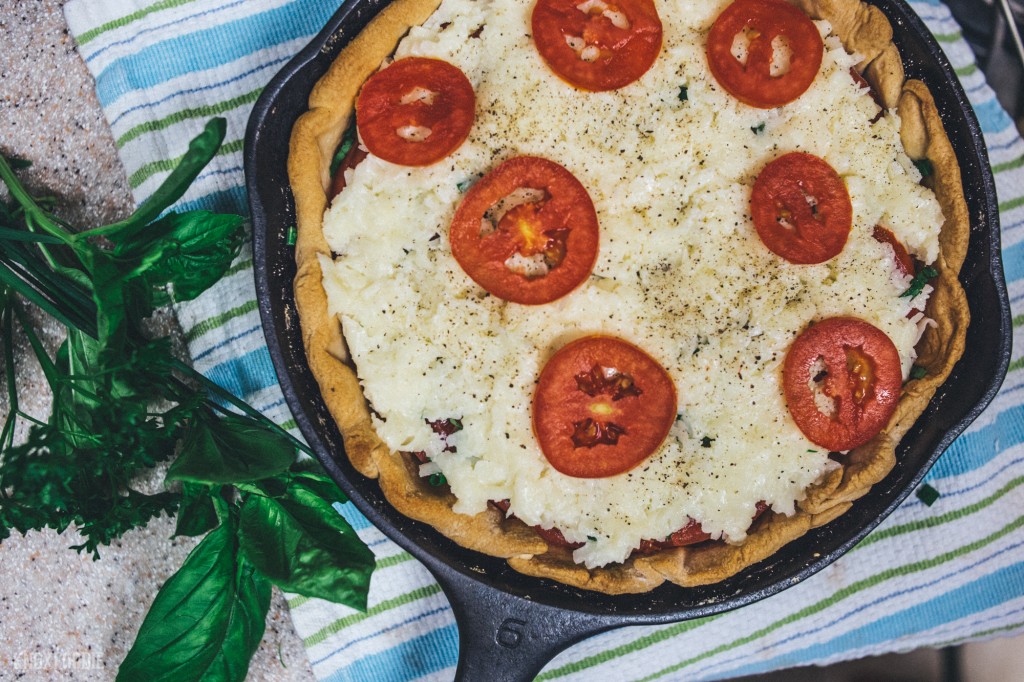 Top with cheese mixture and a couple randomly placed slices of tomato(optional).