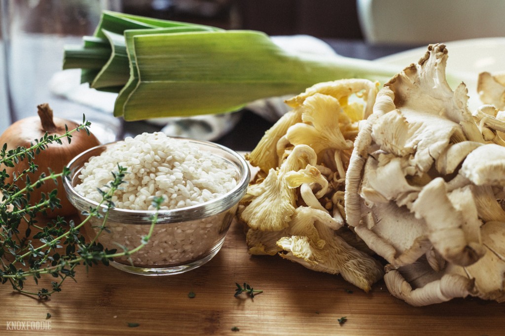 Simple fall flavors fill this harvest risotto dish: leeks, thyme, onions, and oyster mushrooms