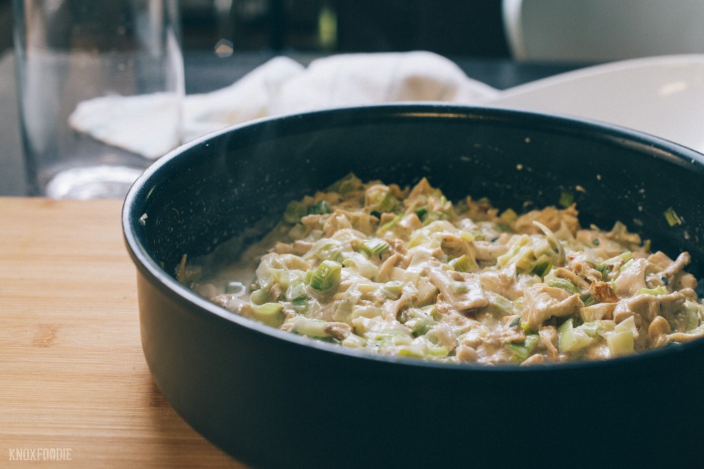 Creamy sauted leeks and oyster mushrooms.