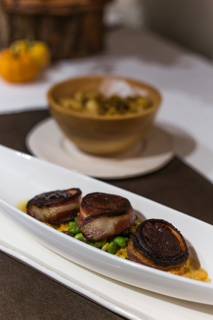 Bacon Wrapped Diver Scallops with Soybean and Corn Succotash, Crayfish, and Saffron Risotto