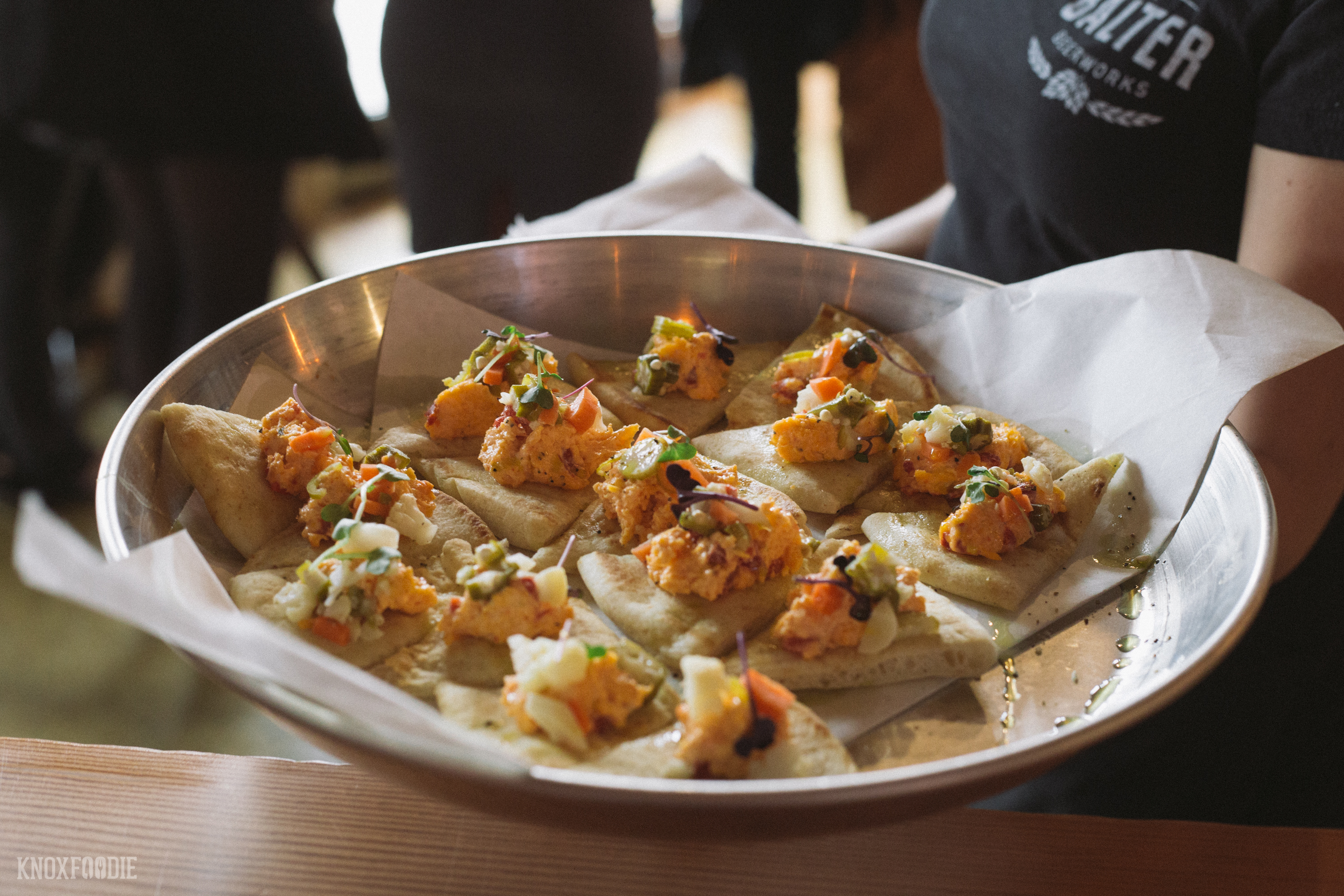 Housemade pimento cheese on pita with pickled vegetables. Solid pimento cheese, guys!